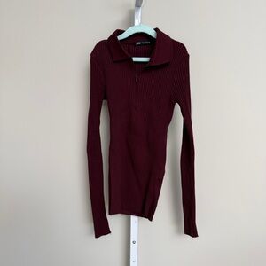 Zara maroon ribbed knit long-sleeved polo sweater size S